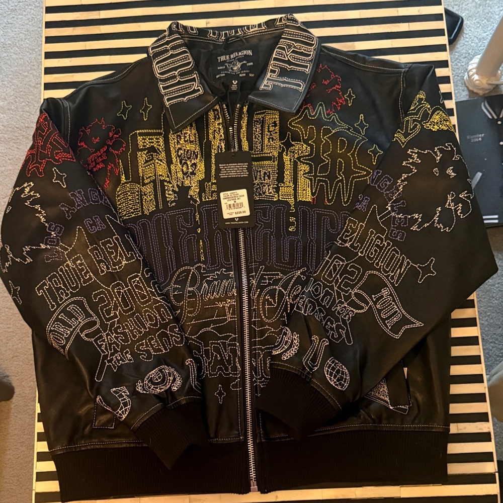 True Religion embroidered faux leather bomber. Size M. NWT!
